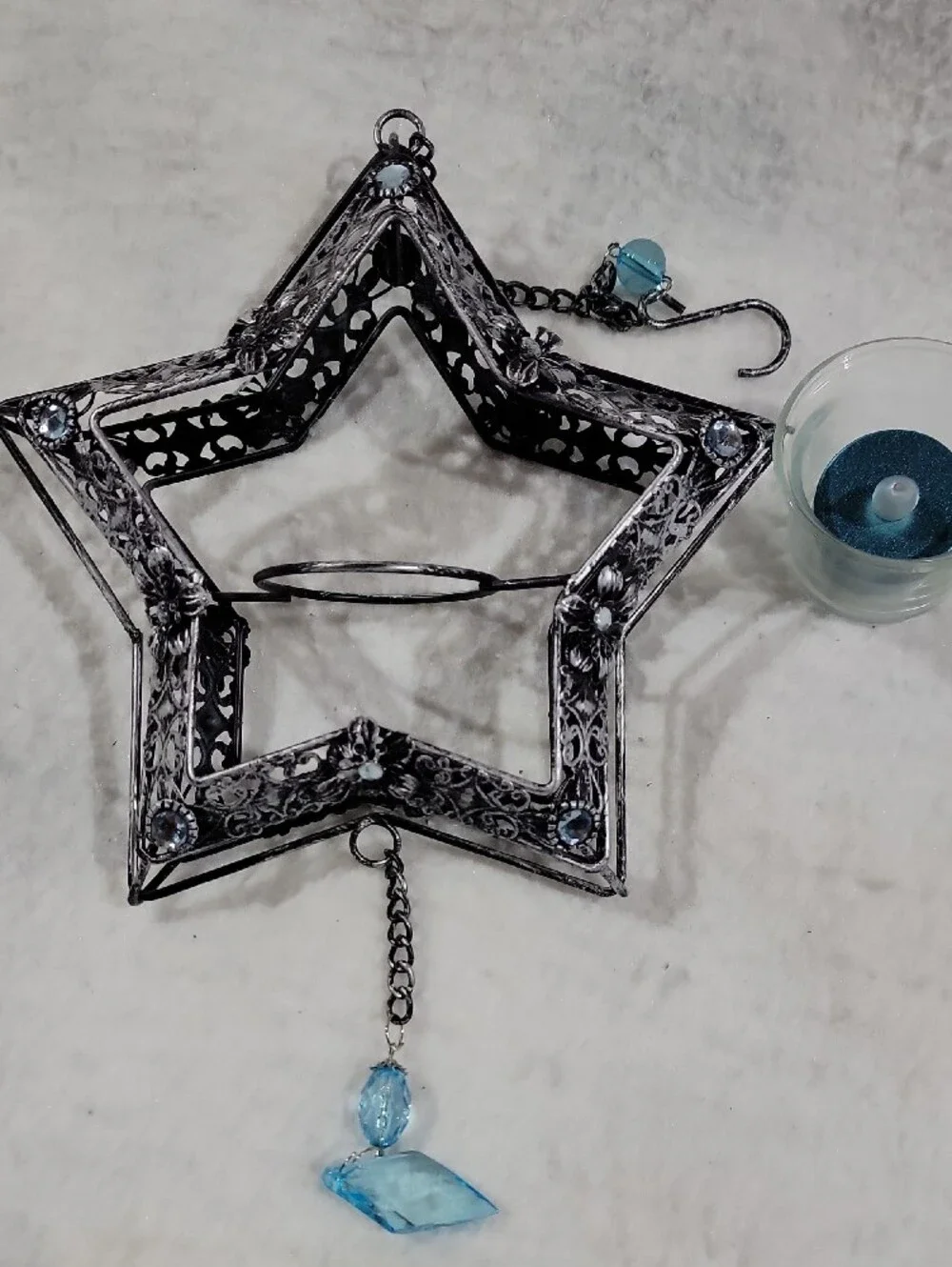 Silver Star-Shaped Metal Hanging Tealight Candle Holder with Blue Accents NWOT